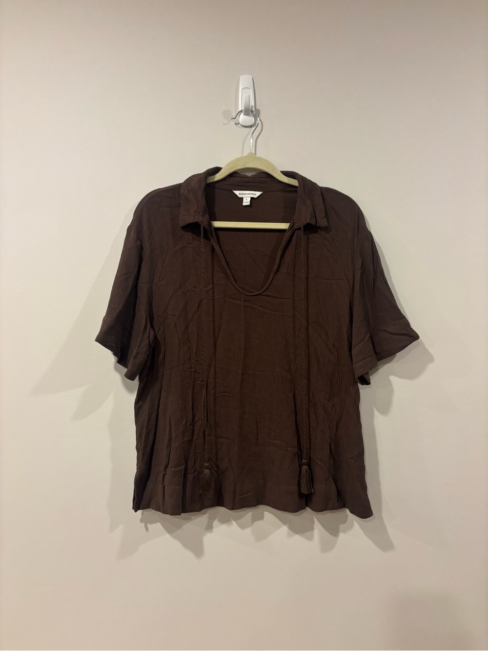 Banana Republic Gauze Tassel Tie Popover Shirt Brown Western Linen size Large